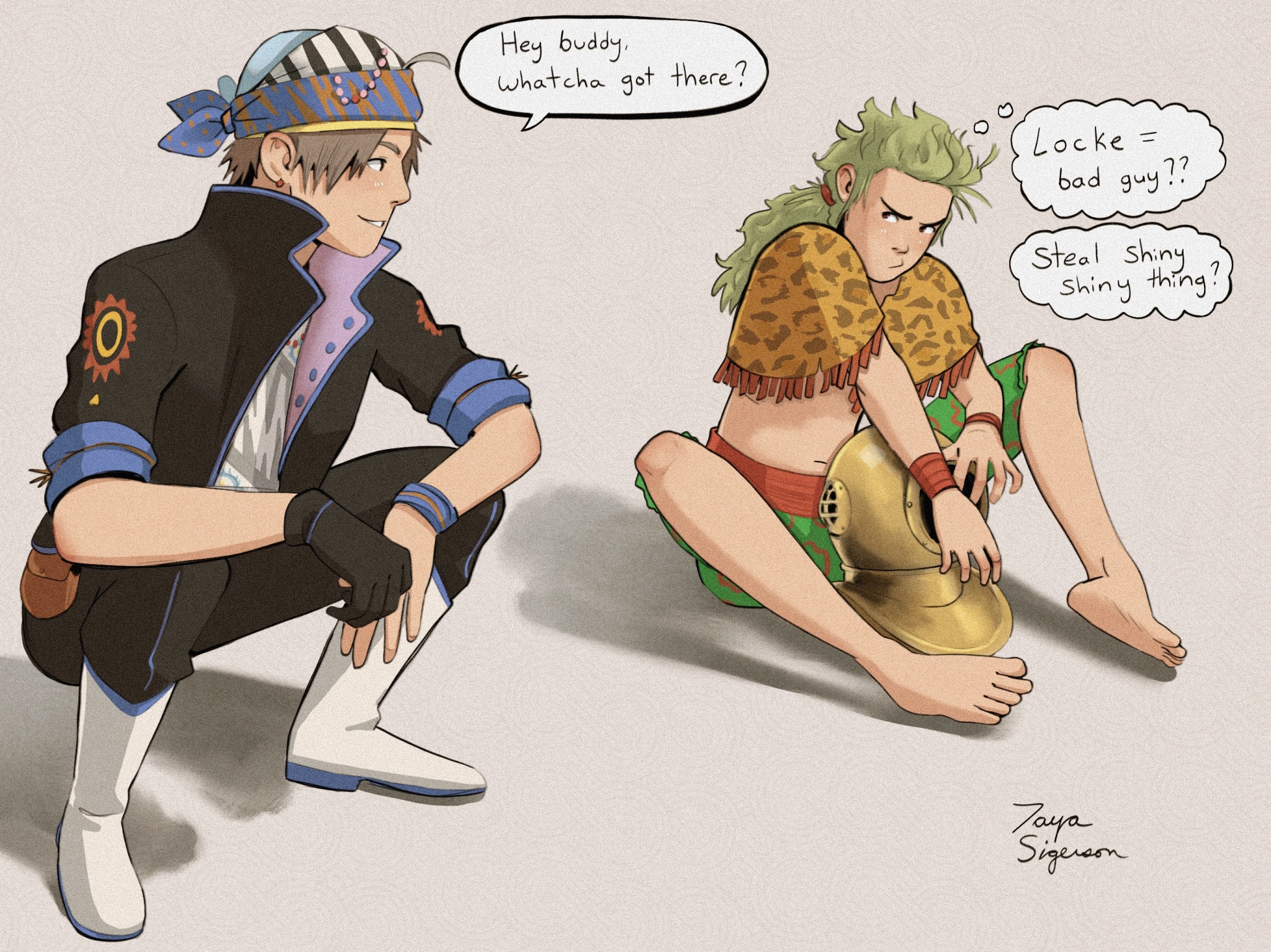 2boys angry animal_print armband barefoot black_pants boots diving_helmet earrings feet final_fantasy final_fantasy_vi gau gloves green_hair green_pants grey_hair headscarf helmet jewelry leopard_print locke_cole looking_at_another male_focus multiple_boys one_glove pants parted_bangs ponytail sash shadow shawl short_hair shorts sitting sleeves_rolled_up speech_bubble squatting tayasigerson thought_bubble toes waist_sash