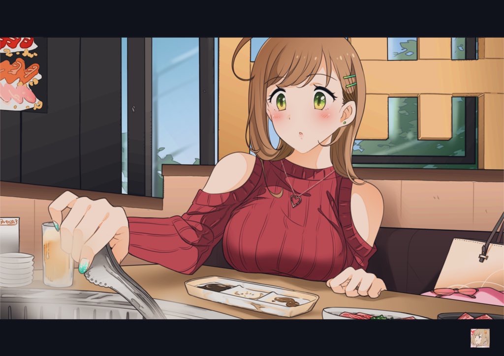 1girl 216_zig bag blush brown_hair clothing_cutout earrings green_eyes hair_ornament hairclip heart heart_necklace holding idolmaster idolmaster_cinderella_girls indoors jewelry long_hair long_sleeves nail_polish necklace parted_lips plate ribbed_sweater sato_shin shoulder_cutout sitting solo sweater yakiniku