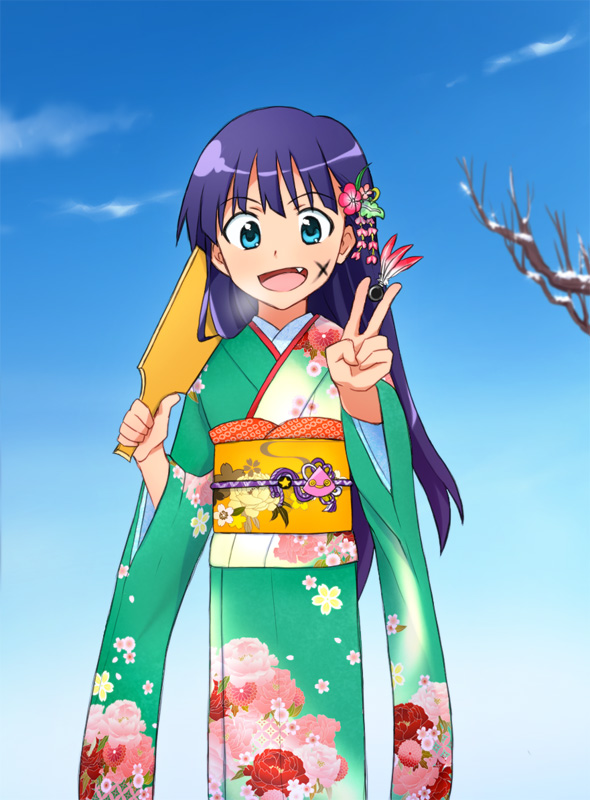 00s 1girl aqua_eyes blue_sky day facepaint fang female_focus hagoita hanetsuki japanese_clothes kimono kiyal_bachika kiyalunga long_hair obi paddle purple_hair sash sky smile solo supinosu tengen_toppa_gurren_lagann v