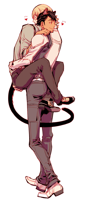 2boys animal_ears arm_around_waist barnaby_brooks_jr. belt black_pants blonde_hair brown_eyes brown_hair carrying carrying_person cat_ears cat_tail closed_eyes closed_mouth commentary_request couple dark-skinned_male dark_skin facial_hair glasses goatee grey_shirt hand_on_another&#039;s_ass heart holding jacket kaburagi_t._kotetsu kemonomimi_mode leg_lock long_sleeves looking_ahead male_focus minamida multicolored_footwear multiple_boys pants rimless_eyewear shirt shoelaces simple_background smile standing suspenders tail tiger_&amp;_bunny white_background white_belt white_jacket yaoi