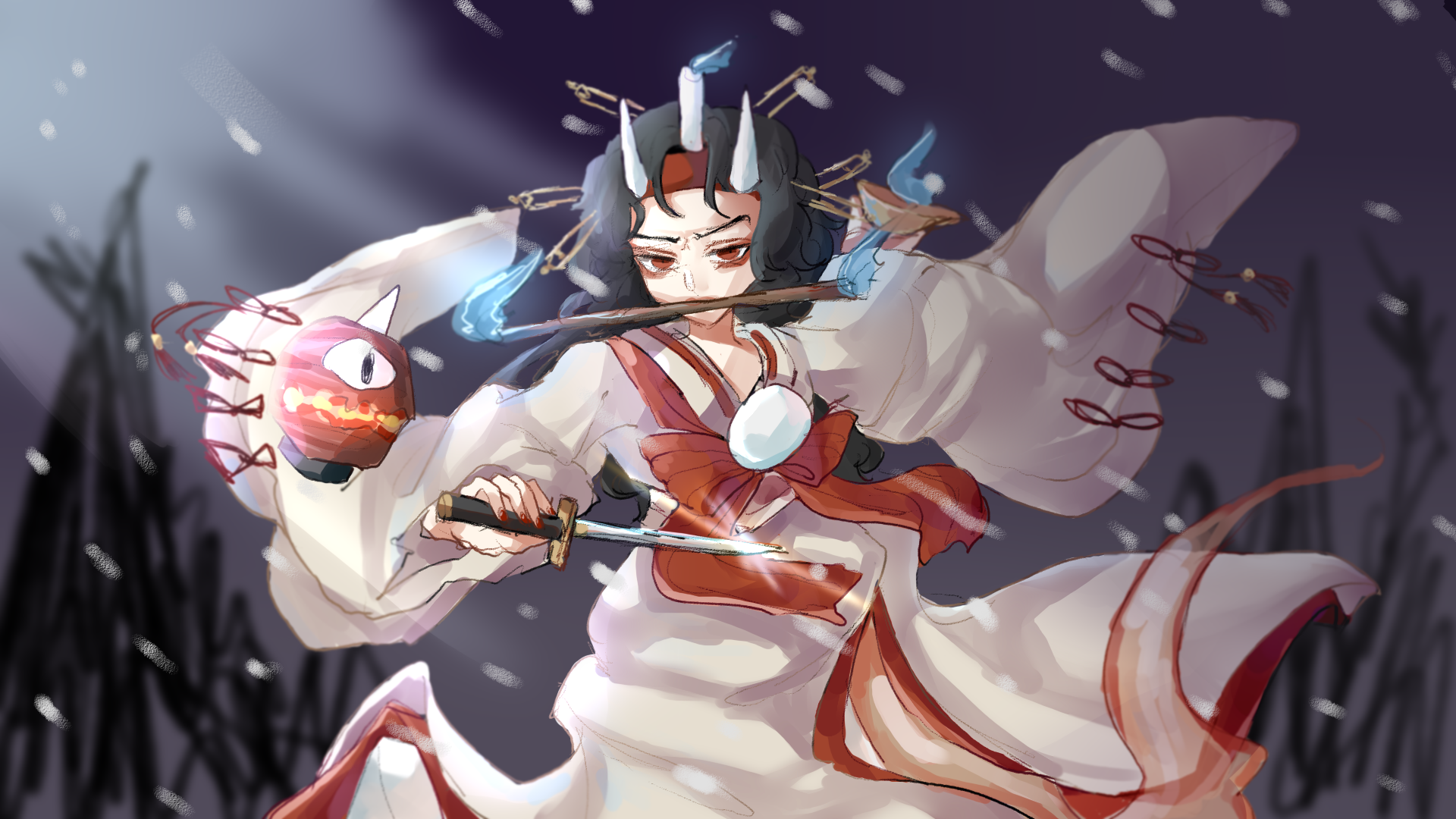 1other bags_under_eyes bare_tree black_hair blue_fire bow brown_kimono burabura chinese_commentary commentary_request cowboy_shot cup demon_horns exhausted fire floating_clothes furrowed_brow ghost_tail gleam gougongzhineng hair_ornament hairpin headband highres holding holding_cup holding_sword holding_weapon horns japanese_clothes kimono lantern len'en long_hair long_sleeves mirror mouth_guard mouth_hold multiple_hairpins other_focus outdoors red_bow red_eyes red_headband red_ribbon ribbon sakazuki short_sword sleeve_ribbon solo striped_bow sword taira_no_chouki thick_eyebrows tree weapon white_horns wide_sleeves wind