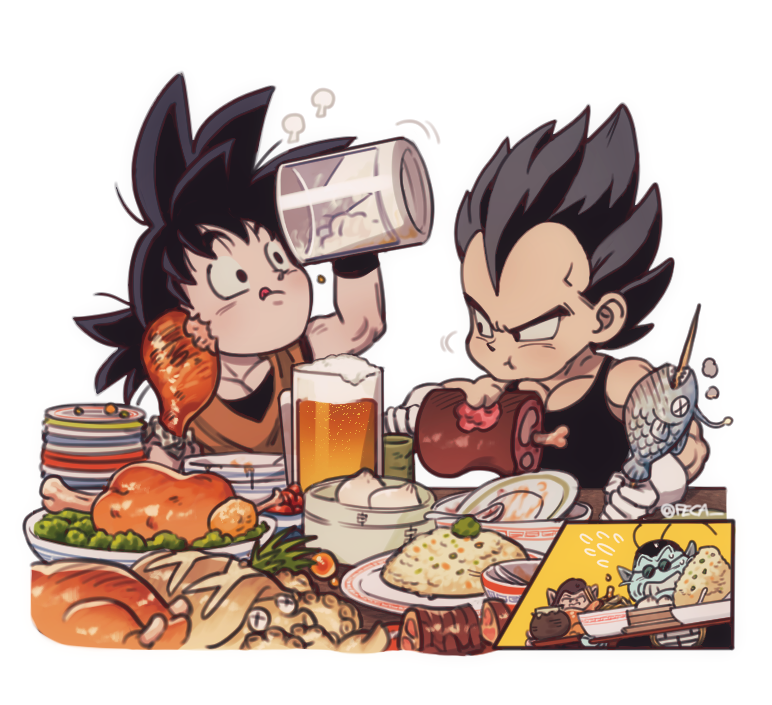 3boys alcohol antennae steamed_bun beer beer_mug black_eyes black_hair blue_skin boned_meat bowl bubbles_(dragon_ball) chicken_(food) colored_skin cup dougi dragon_ball dragonball_z eating fecaa fish fish_(food) food fried_rice male_focus meat monkey mug multiple_boys north_kaiou octopus plate pointy_ears son_goku spoon sunglasses tongue tongue_out twitter_username vegeta widow&#039;s_peak