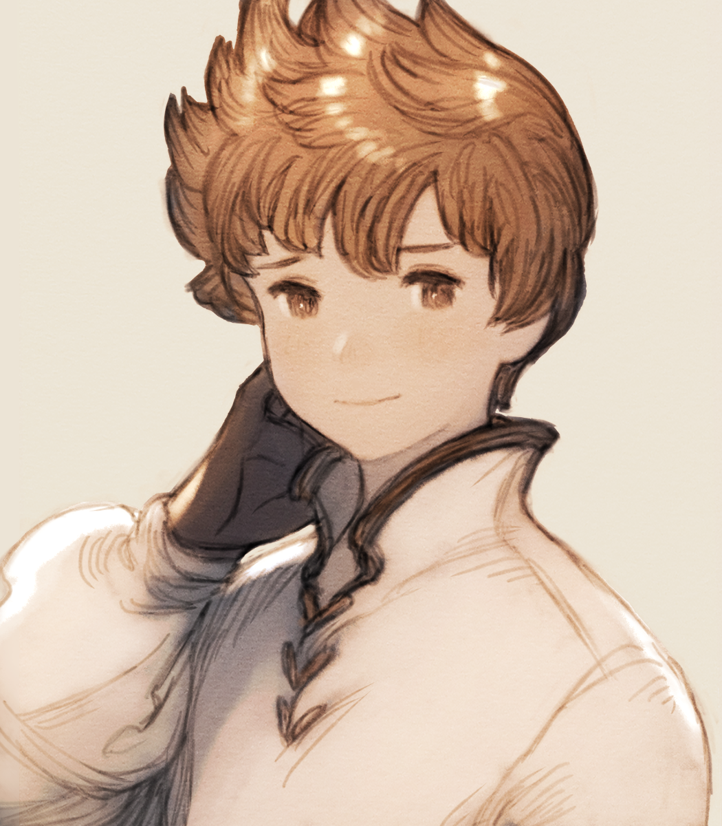 1boy black_gloves bravely_default:_flying_fairy bravely_default_(series) brown_eyes brown_hair closed_mouth commentary_request gloves hand_up high_collar highres long_sleeves looking_at_viewer maeka_(kumaekake) male_focus puffy_sleeves shirt short_hair simple_background smile solo spiked_hair upper_body white_shirt