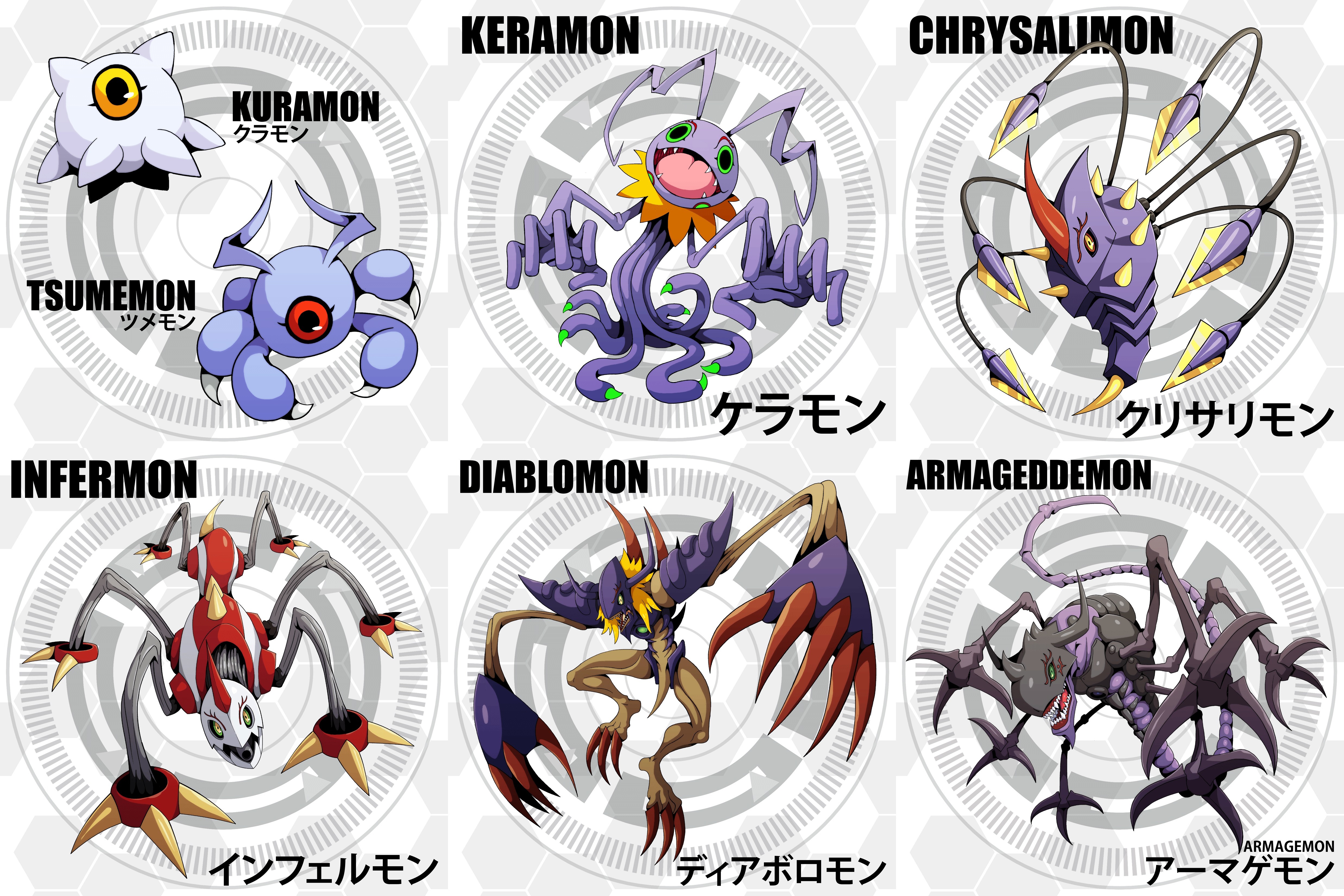 absurdres armagemon armor chrysalimon claws diablomon digimon digimon_(creature) evolutionary_line highres horns infermon keramon kuramon monster sharp_teeth tail teeth tsumemon