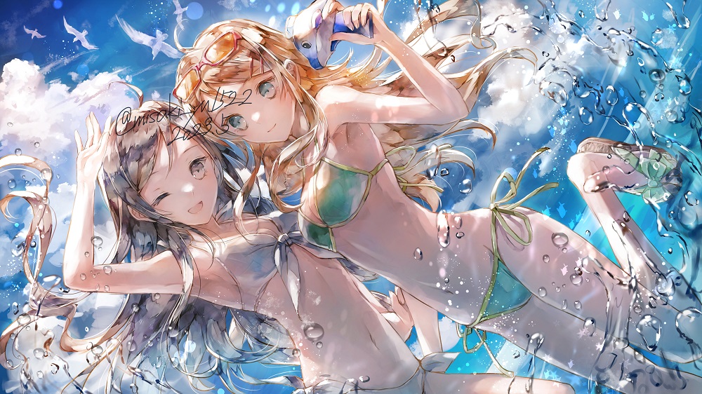 2girls ahoge aragaki_ayase armpits bare_shoulders bikini bird black_hair blue_eyes blue_sky breasts dated eyewear_on_head flip-flops front-tie_bikini_top front-tie_top green_bikini grey_eyes groin hand_up kousaka_kirino leg_up long_hair medium_breasts misaki_yuu_(misaki_1192) multiple_girls navel ocean one_eye_closed orange_hair ore_no_imouto_ga_konna_ni_kawaii_wake_ga_nai sandals seagull side-tie_bikini_bottom sky splashing string_bikini swimsuit twitter_username white_bikini