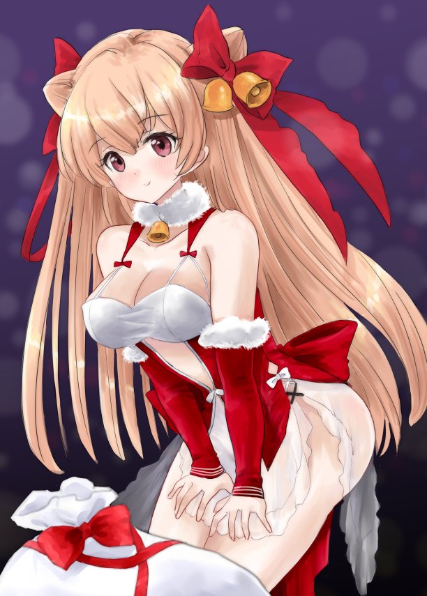 1girl arm_warmers bell breasts bridal_gauntlets brown_eyes brown_hair corset fur-trimmed_arm_warmers fur_trim hair_bell hair_ornament hair_ribbon hands_on_own_thighs johnston_(christmas)_(kancolle) johnston_(kancolle) kantai_collection kitagawa_mikio large_breasts leaning_forward long_hair looking_at_viewer official_alternate_costume purple_background red_arm_warmers red_bodice red_bridal_gauntlets red_corset red_sleeves ribbon sack smile solo two_side_up