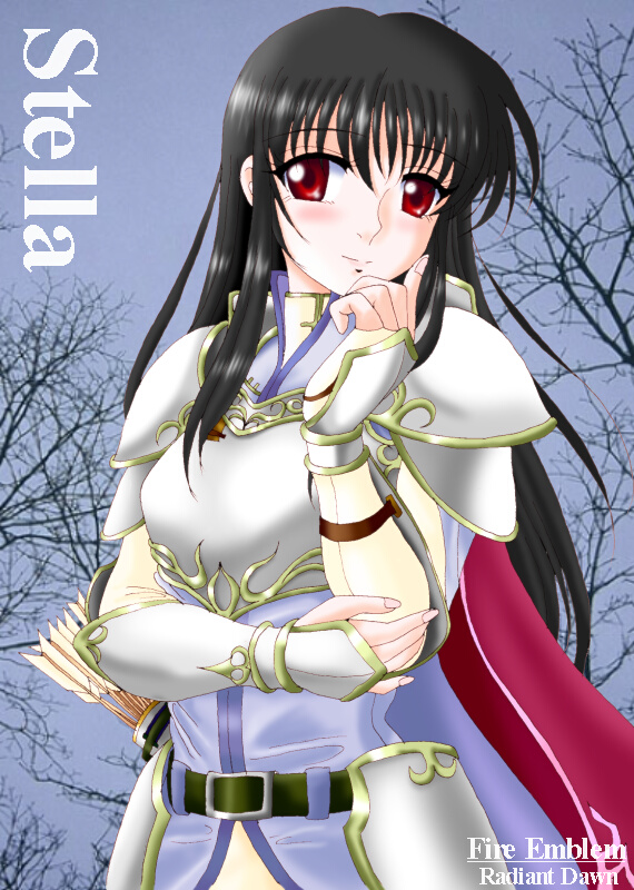 1girl arm_up armor astrid_(fire_emblem) belt black_belt black_hair breastplate cape character_name copyright_name finger_to_cheek fire_emblem fire_emblem:_radiant_dawn hissaa_(starlight_express) long_hair nintendo pauldrons quiver red_cape red_eyes shoulder_armor smile solo tree