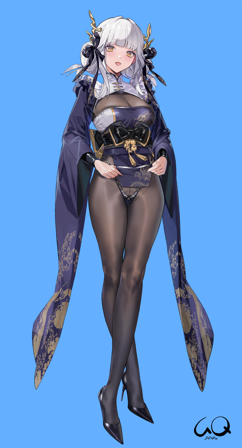 1girl blanc_(nikke) blanc_(white_rabbit)_(nikke) blue_background blue_kimono bodystocking clothes_lift double_bun frills goddess_of_victory:_nikke hair_bun hair_ribbon high_heels highleg highleg_panties highres japanese_clothes kimono kimono_lift miyazakisoul panties pumps ribbon shoes stiletto_heels thong underwear white_hair