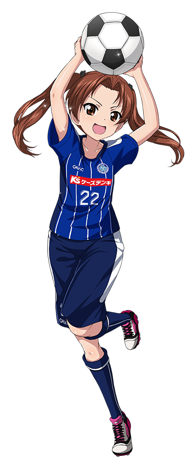&gt;:d 10s 1girl :d armpit_peek ball brown_hair female_focus full_body girls_und_panzer girls_und_panzer_senshadou_daisakusen! j._league kadotani_anzu long_hair mito_hollyhock official_art open_mouth smile soccer soccer_ball soccer_uniform solo sportswear transparent_background twintails v-shaped_eyebrows white_background