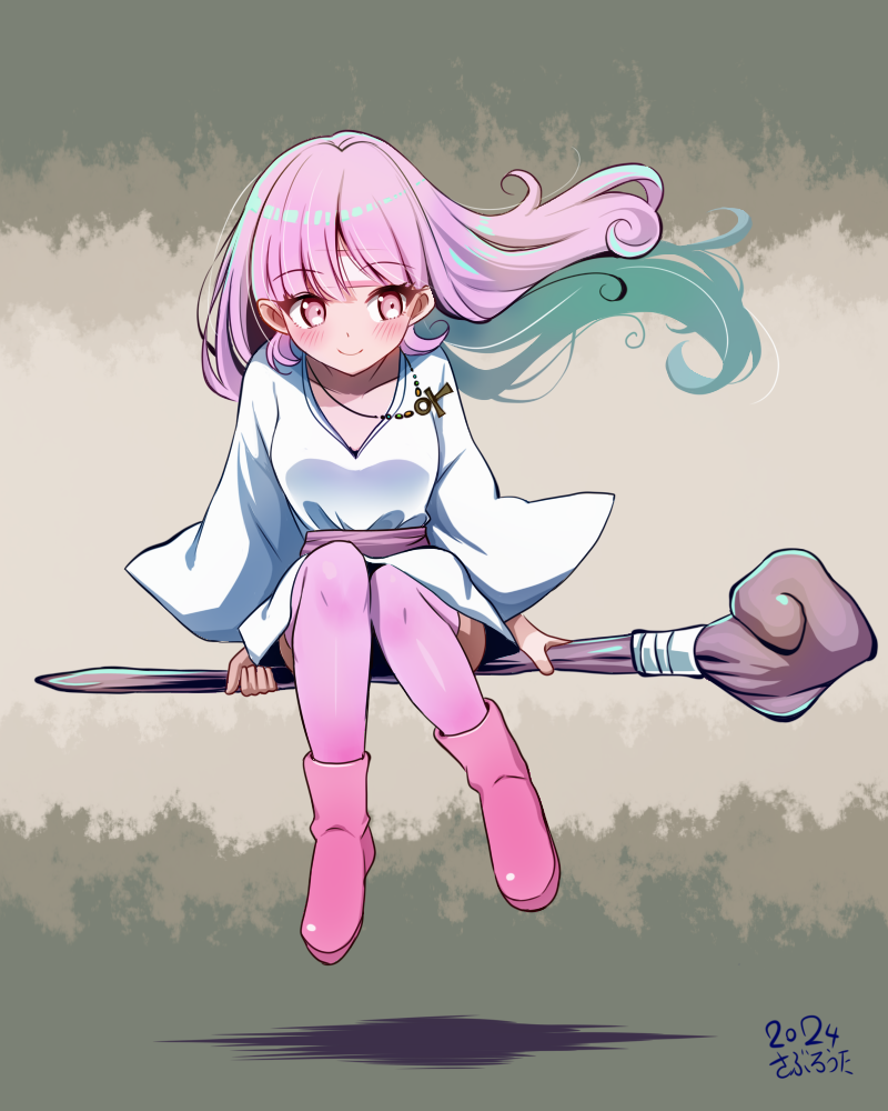 1girl ankh ankh_necklace blush boots character_request closed_mouth commentary_request flying full_body jewelry long_hair long_sleeves necklace orange_eyes pink_boots pink_hair pink_thighhighs saburouta_(hox-666) shadow shirt sitting smile solo staff staff_riding thighhighs ultima ultima_kyoufu_no_exodus white_shirt