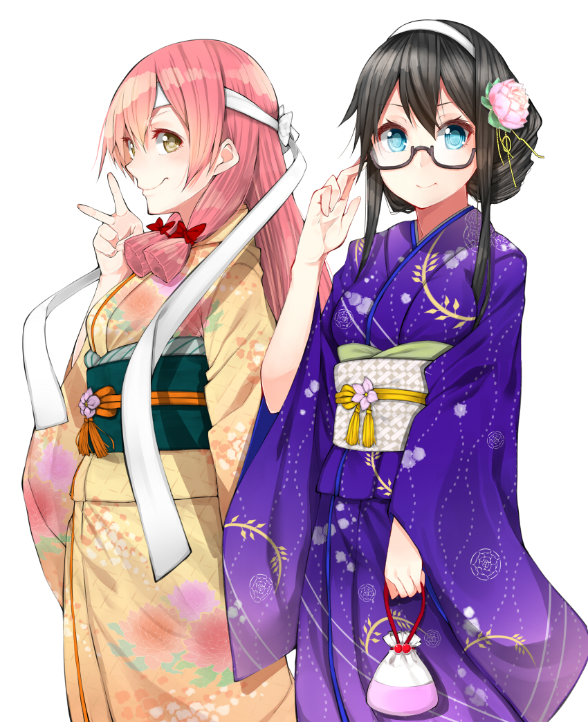 10s 2girls adjusting_eyewear akashi_(kancolle) akashi_(new_year)_(kancolle) black-framed_eyewear black_hair blue_eyes brown_eyes floral_print flower glasses hair_flower hair_ornament hair_ribbon headband japanese_clothes kantai_collection kimono long_hair looking_at_viewer mikan_(chipstar182) multiple_girls obi ooyodo_(kancolle) ooyodo_(new_year)_(kancolle) pink_hair ribbon sash semi-rimless_eyewear sidelocks simple_background smile under-rim_eyewear white_background