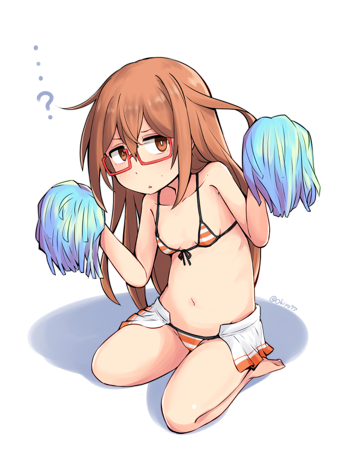 1girl ? alternate_costume bikini bikini_skirt breasts brown_eyes brown_hair front-tie_bikini_top front-tie_top glasses holding holding_pom_poms kantai_collection long_hair mochizuki_(kancolle) navel okitarou_(okiyo) pom_pom_(cheerleading) pom_poms red-framed_eyewear seiza sitting small_breasts solo string_bikini striped_bikini striped_clothes swimsuit