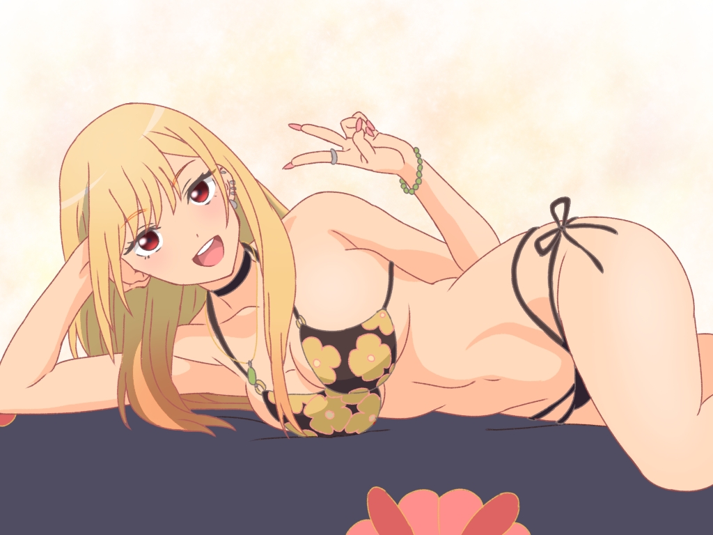 1girl :d barbell_piercing bead_bracelet beads bikini black_bikini black_choker blonde_hair bracelet breasts choker cleavage earrings elbow_rest floral_print gyaru jewelry kitagawa_marin looking_at_viewer lying maou_(ajtdmw369) medium_breasts navel on_side open_mouth piercing pink_nails red_eyes ring side-tie_bikini_bottom smile solo sono_bisque_doll_wa_koi_wo_suru stomach swimsuit v