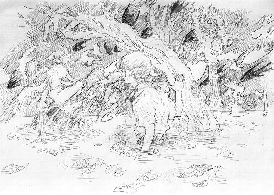 2boys amber389 gender_request genderswap greyscale ikari_shinji leaf male_focus monochrome multiple_boys nagisa_kaworu neon_genesis_evangelion outdoors short_hair sitting sketch nagisa_kaworu traditional_media tree water wings