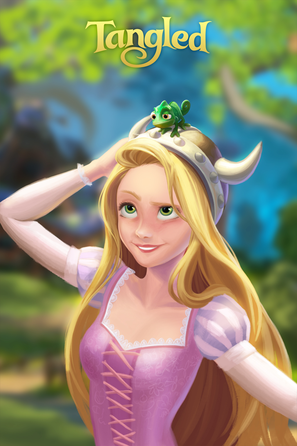 1girl adjusting_clothes adjusting_headwear blonde_hair chameleon copyright_name dress fake_horns female_focus green_eyes helmet highres horned_helmet horns long_hair miacat pascal_(tangled) pink_dress raised_eyebrow rapunzel_(disney) smile solo tangled very_long_hair