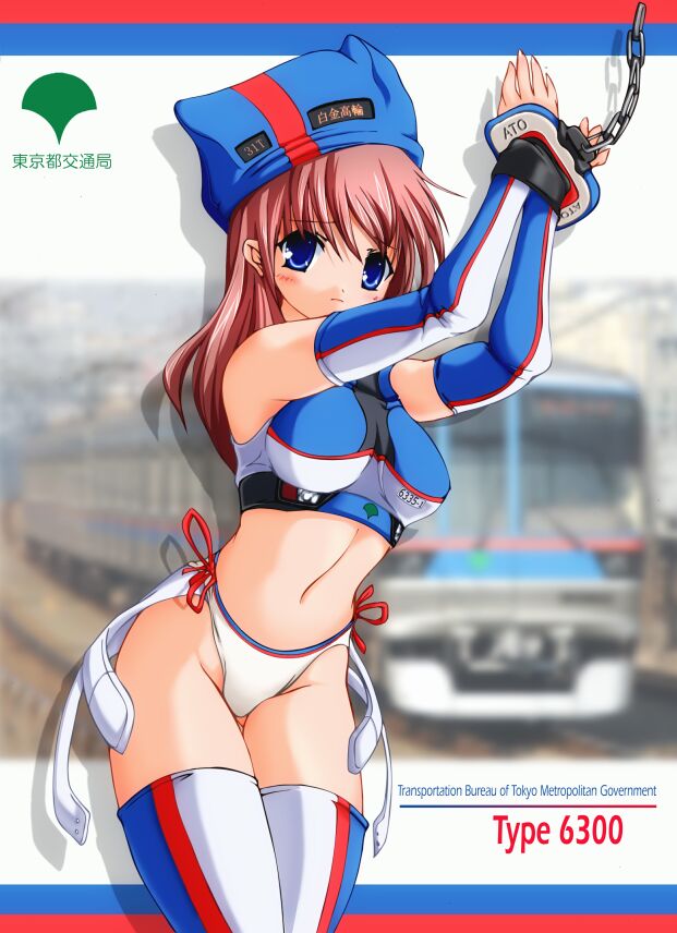 1girl 2000s_(style) archived_source arms_up ashita_yaru bare_shoulders blue_eyes blue_hat blue_sleeves blue_thighhighs bound bound_wrists breasts chain closed_mouth commentary_request detached_sleeves drop_shadow dual_persona frown furrowed_brow hat highleg highleg_panties long_hair looking_at_viewer medium_breasts multicolored_sleeves multicolored_thighhighs navel original panties personification pink_hair red_hat red_sleeves red_thighhighs solo standing thighhighs train two-tone_headwear underwear vehicle_and_personification white_panties white_sleeves white_thighhighs