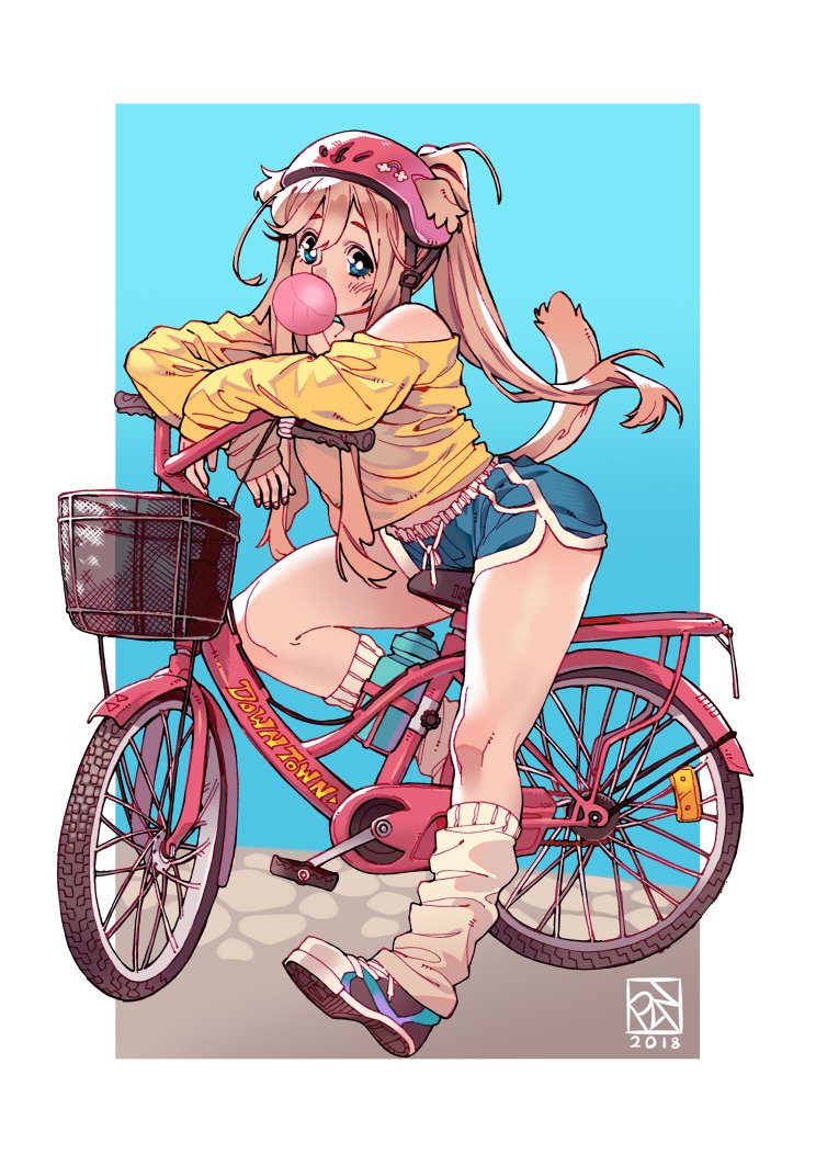 1girl animal_ears bare_shoulders bicycle bicycle_helmet blonde_hair blue_background blue_eyes blue_shorts blush bright_pupils chewing_gum commentary dated dog_ears dog_girl dog_tail english_commentary hair_between_eyes helmet high_ponytail leaning_forward leg_warmers legs long_hair long_sleeves looking_at_viewer mariko_(poch4n) midriff_peek original outdoors outside_border pink_headwear poch4n ponytail riding riding_bicycle shirt shoes short_shorts shorts sidelocks signature simple_background sitting socks tail white_pupils white_socks yellow_shirt