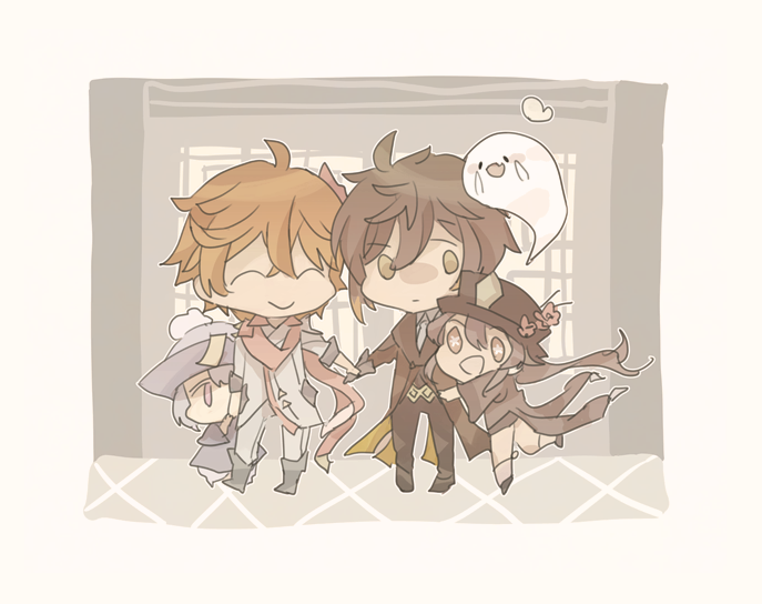 004s_4 2boys 2girls boo_tao_(genshin_impact) chibi conductor genshin_impact hu_tao_(genshin_impact) image_sample multiple_boys multiple_girls official_alternate_costume pixiv pixiv_sample qiqi_(genshin_impact) tartaglia_(genshin_impact) white_background zhongli_(genshin_impact)