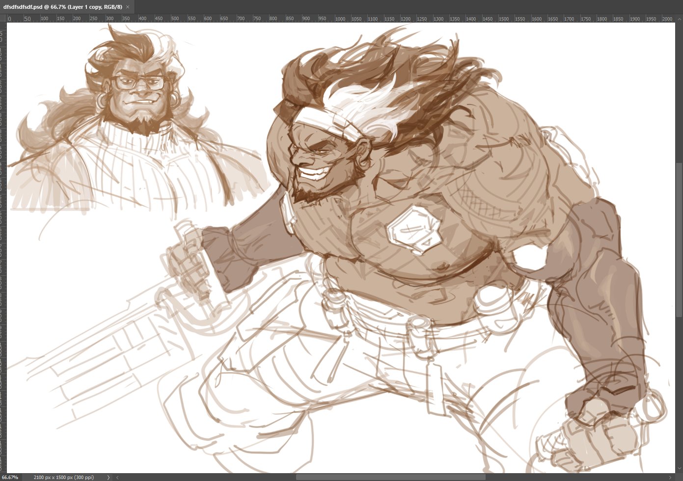 1boy abs alternate_costume bara beard bespectacled black_hair brown_theme chest_tattoo dark-skinned_male dark_skin fighting_stance from_above full_beard glasses gokotan gun holding holding_gun holding_weapon huge_pectorals legs_apart looking_ahead male_focus mature_male mauga_(overwatch) monochrome muscular muscular_male nipples overwatch overwatch_2 pants pectorals sidepec sketch standing strongman_waist sweater tattoo thick_eyebrows topless_male weapon