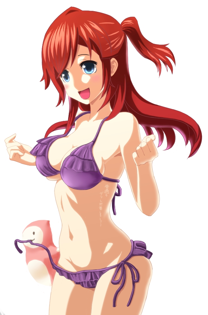 10s 1girl :d ano_natsu_de_matteru bad_id bad_pixiv_id bikini blue_eyes blush breasts cleavage long_hair navel no_eyewear open_mouth purple_bikini red_hair rinon_(ano_natsu_de_matteru) side-tie_bikini_bottom side_ponytail smile strap_gap swimsuit taka_(takahirokun) takatsuki_ichika untied