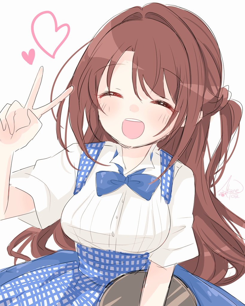 1girl ^_^ aka_2336 blue_eyes blue_skirt blush breasts brown_hair closed_eyes commentary_request facing_viewer heart high-waist_skirt idolmaster idolmaster_cinderella_girls kobeya_uniform large_breasts long_hair one_side_up shimamura_uzuki shirt short_sleeves simple_background skirt smile solo suspender_skirt suspenders teeth upper_teeth_only v very_long_hair white_background white_shirt