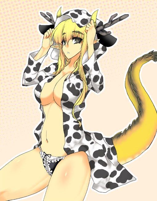 1girl animal_ears animal_hood animal_print aoguu bad_id bad_pixiv_id black_eyes blonde_hair breasts cleavage cow_print dragon_girl dragon_horns dragon_tail female_focus futaba_channel halftone halftone_background hood horns kouryuu_(nijiura_maids) large_breasts long_hair looking_at_viewer monster_girl navel nijiura_maids no_bra open_clothes panties pointy_ears solo tail thick_thighs thighs underwear