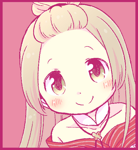 1girl azumi_hagumu bangs_pinned_back blonde_hair blush closed_mouth collar detached_collar dot_nose jaggy_lines jewelry looking_at_viewer magia_record:_mahou_shoujo_madoka_magica_gaiden magical_girl mahou_shoujo_madoka_magica necklace off-shoulder_shirt off_shoulder pink_background portrait red_shirt shirt sidelocks smile solo split_mouth striped_clothes striped_shirt white_collar yellow_eyes yuzuno_nana