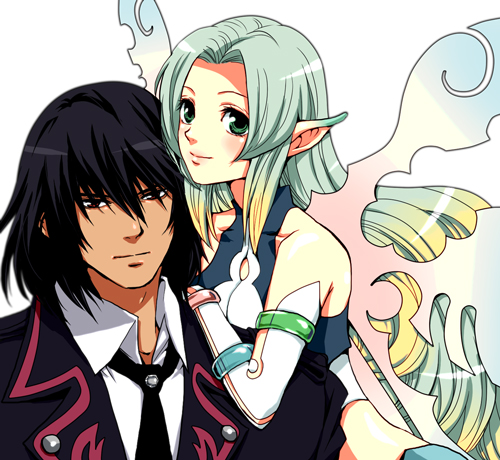 1boy 1girl aqua_eyes aqua_hair bare_shoulders black_hair blush breasts coat dark_skin detached_sleeves dress gaius_(tales) lips long_hair lowres muzet_(tales) necktie pointy_ears red_eyes short_hair tales_of_(series) tales_of_xillia tales_of_xillia_2 very_long_hair wings