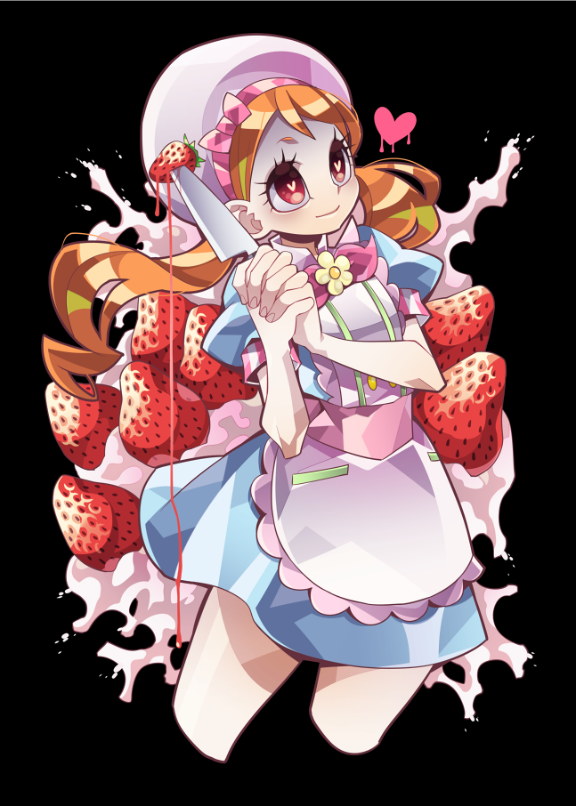 10s 1girl apron black_background blue_dress bow bowtie closed_mouth cowboy_shot dress female_focus food fruit hat hat_bow heart heart-shaped_pupils holding holding_knife kirakira_patisserie_uniform kirakira_precure_a_la_mode knife pink_bow precure red_eyes senmu_(0107) simple_background smile solo strawberry symbol-shaped_pupils usami_ichika white_apron white_hat yandere
