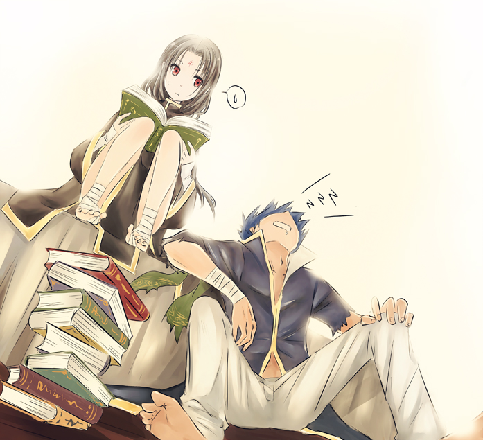 2boys barefoot black_hair blue_hair book book_on_lap commentary_request facial_mark fire_emblem fire_emblem:_path_of_radiance forehead_mark ike_(fire_emblem) male_focus multiple_boys nintendo pile_of_books red_eyes sleeping soren_(fire_emblem) takunori_no_soren zzz