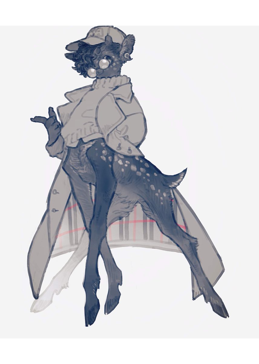 1boy animal_ears baseball_cap black_eyes black_hair body_fur centauroid claws closed_mouth coat collared_coat deer_boy deer_ears deer_tail ear_piercing full_body furry furry_male glasses grey_background grey_coat grey_fur grey_hat grey_sweater hair_over_one_eye hand_in_pocket hand_up hat head_tilt highres hooves horns index_finger_raised kaibatu2mm long_sleeves looking_at_viewer male_focus original piercing plaid round_eyewear short_hair simple_background small_horns smile solo spot_color standing sweater tail taur trench_coat