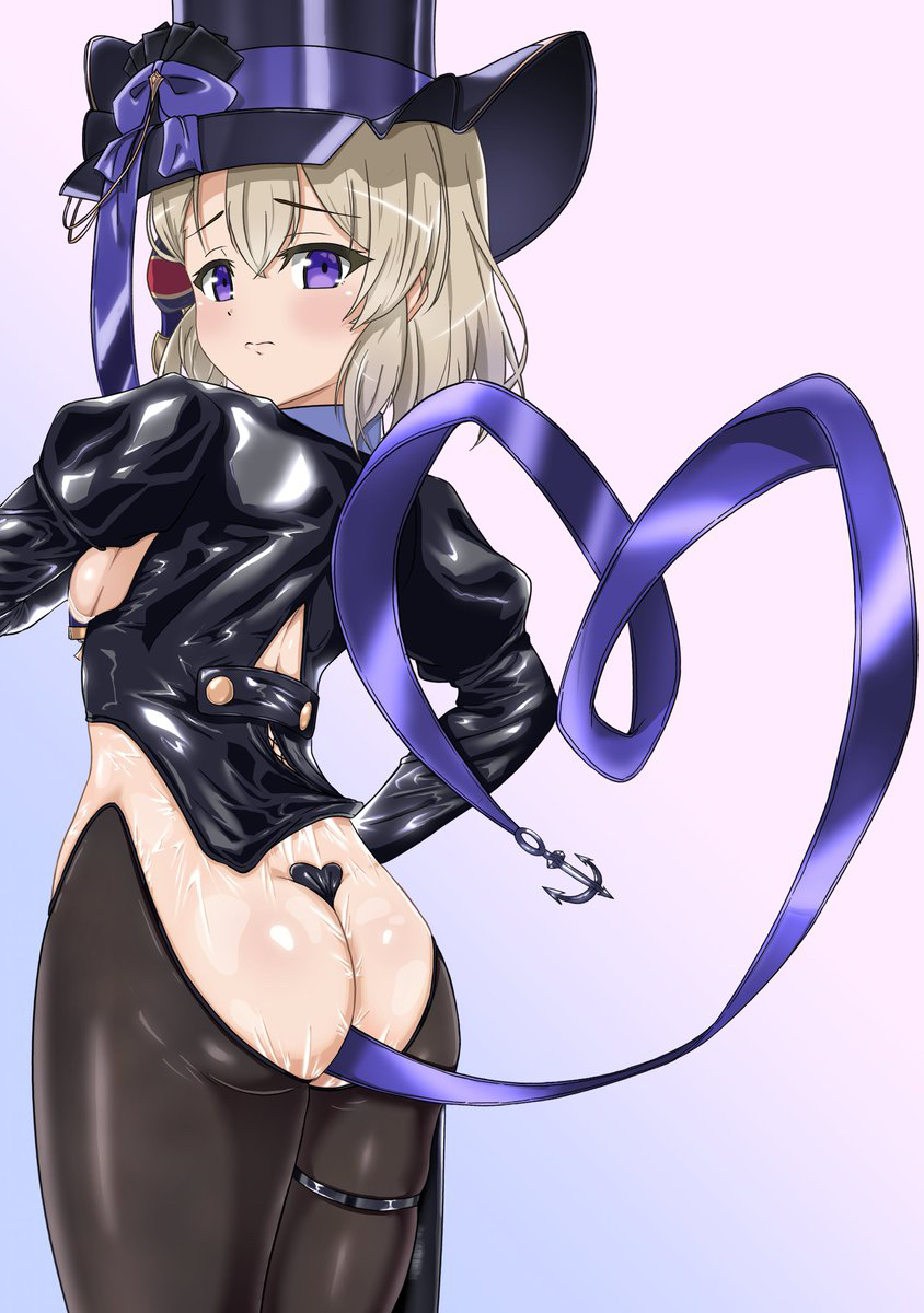 1girl anchor_ornament ass azur_lane backboob black_jacket blonde_hair blue_ribbon blush bow breasts butt_crack cheshire_(azur_lane) cheshire_(azur_lane)_(cosplay) cheshire_(the_cat_in_the_magic_hat)_(azur_lane) commentary_request cosplay cropped_jacket embarrassed from_behind frown hair_between_eyes hair_bow hand_up hat heart_ribbon highres hip_focus jacket light_brown_hair long_sleeves looking_at_viewer looking_back macaroni_(dontakadx) medium_hair pantyhose purple_eyes revealing_clothes ribbon small_breasts solo standing striped_bow thigh_strap thighs z23_(azur_lane)