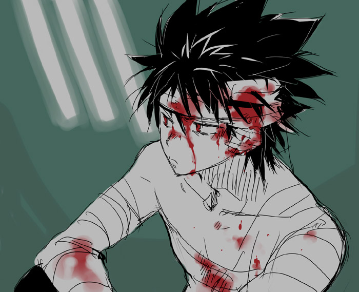 1boy bandages black_hair blood blood_on_face hiei male_focus red_eyes sarashi topless_male sitting solo toujou_sakana yuu_yuu_hakusho