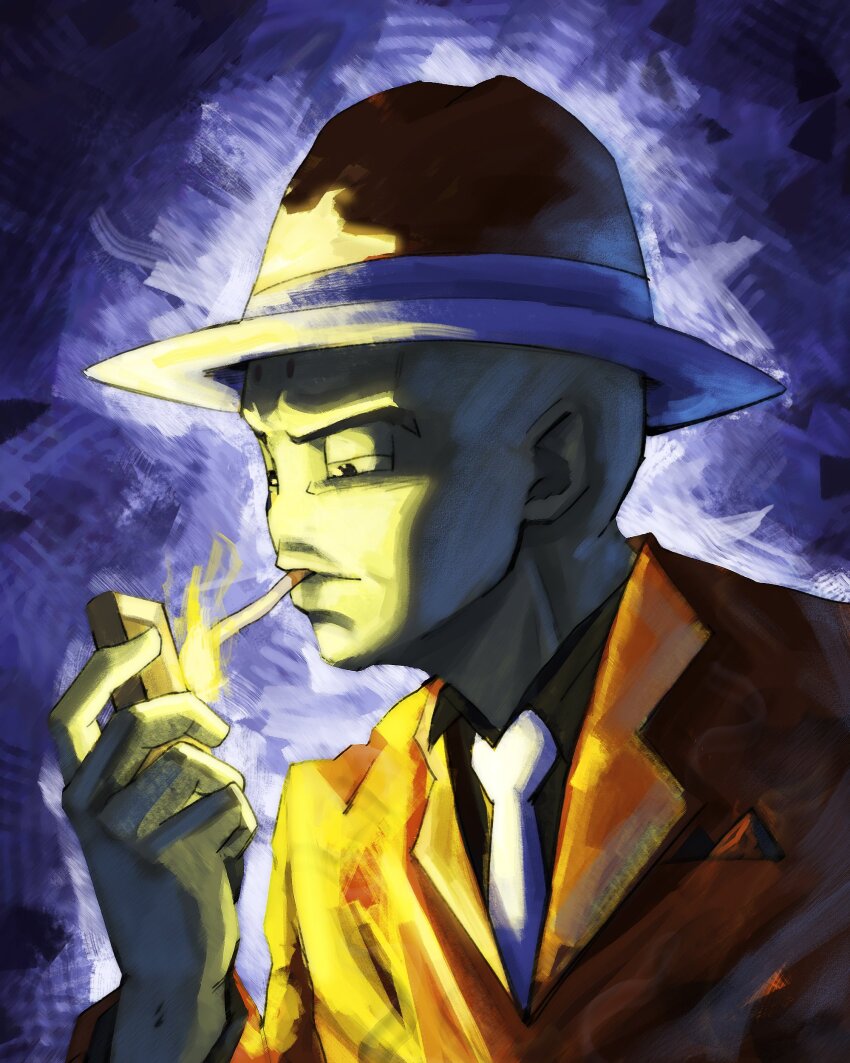 1boy aura black_eyes black_shirt cigar dragon_ball fire formal_clothes hat kuririn lighter necktie red_hat red_suit shirt smoking solo suit white_necktie