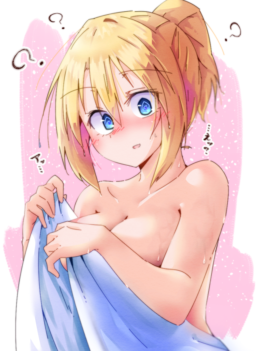 1girl ? @_@ alice_margatroid alternate_hairstyle blonde_hair blue_eyes blush breasts cleavage collarbone commentary_request convenient_arm dondyuruma hair_between_eyes large_breasts looking_at_viewer naked_towel open_mouth open_towel ponytail short_hair solo sweatdrop touhou towel translation_request upper_body wet