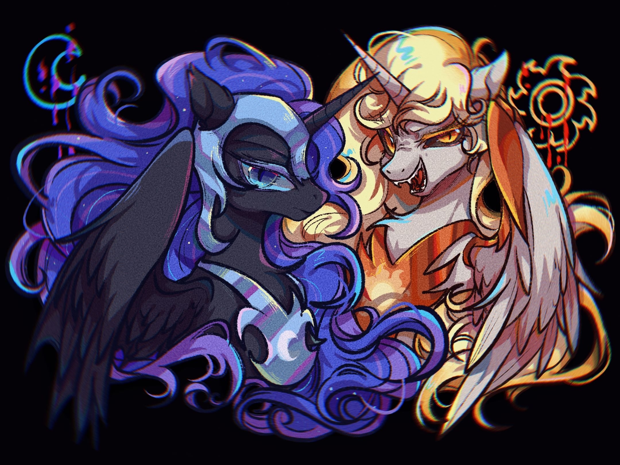 tkotu, daybreaker (my little pony), nightmare moon, princess celestia, princess  luna, my little pony, my little pony: friendship is magic, highres, animal,  blue eyes, floating hair, long hair, looking at viewer, orange, image size:2160x1620