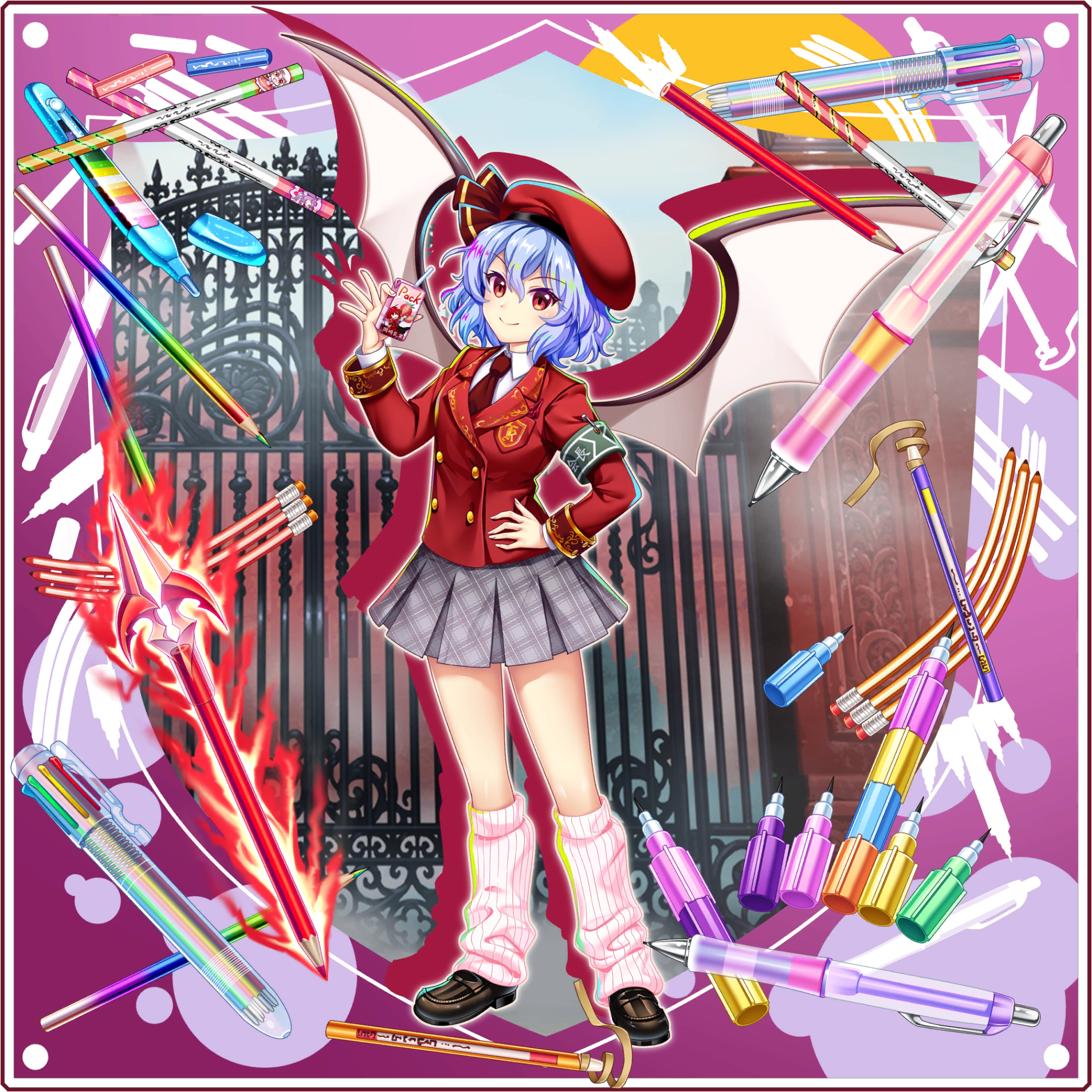 1girl alternate_costume armband bat_wings beret blazer brown_shoes buttons character_print closed_mouth collared_shirt double-breasted drinking_straw food_print fruit_print game_cg green_armband grey_shirt hair_between_eyes hand_on_own_hip hat highres holding_juice_box jacket juice_box leg_warmers long_sleeves looking_at_viewer miniskirt official_art okazaki_yumemi pen pencil plaid_clothes plaid_skirt pleated_skirt purple_hair red_eyes red_hat red_jacket remilia_scarlet remilia_scarlet_(young_scarlet_devil_student_president) rotte_(1109) school_uniform shirt shoes skirt smile solo strawberry_print third-party_source touhou touhou_(pc-98) touhou_lostword transparent_background white_shirt wings