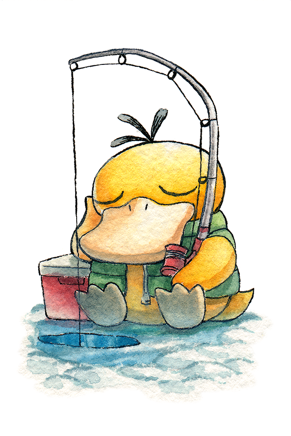 closed_eyes clothed_pokemon commentary elbow_rest english_commentary fishing fishing_rod gen_1_pokemon green_vest head_rest holding holding_fishing_rod ice ice_fishing nintendo no_humans oliver_hamlin open_clothes open_vest painting_(medium) pokemon pokemon_(creature) psyduck simple_background sitting sleeping sleeping_upright solo tackle_box traditional_media u_u vest watercolor_(medium) white_background zipper zipper_pull_tab