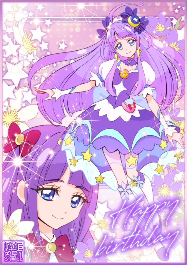 2girls artist_logo blue_eyes choker crescent crescent_earrings cure_selene dress dress_shirt dual_persona earrings hair_ornament happy_birthday heart_pouch jewelry kaguya_madoka kamikita_futago logo long_hair long_sleeves looking_at_viewer magical_girl multiple_girls precure puffy_sleeves purple_background purple_choker purple_dress purple_hair shirt short_sleeves sleeveless sleeveless_dress smile star_(symbol) star_choker star_color_pen star_color_pendant star_hair_ornament star_twinkle_precure very_long_hair