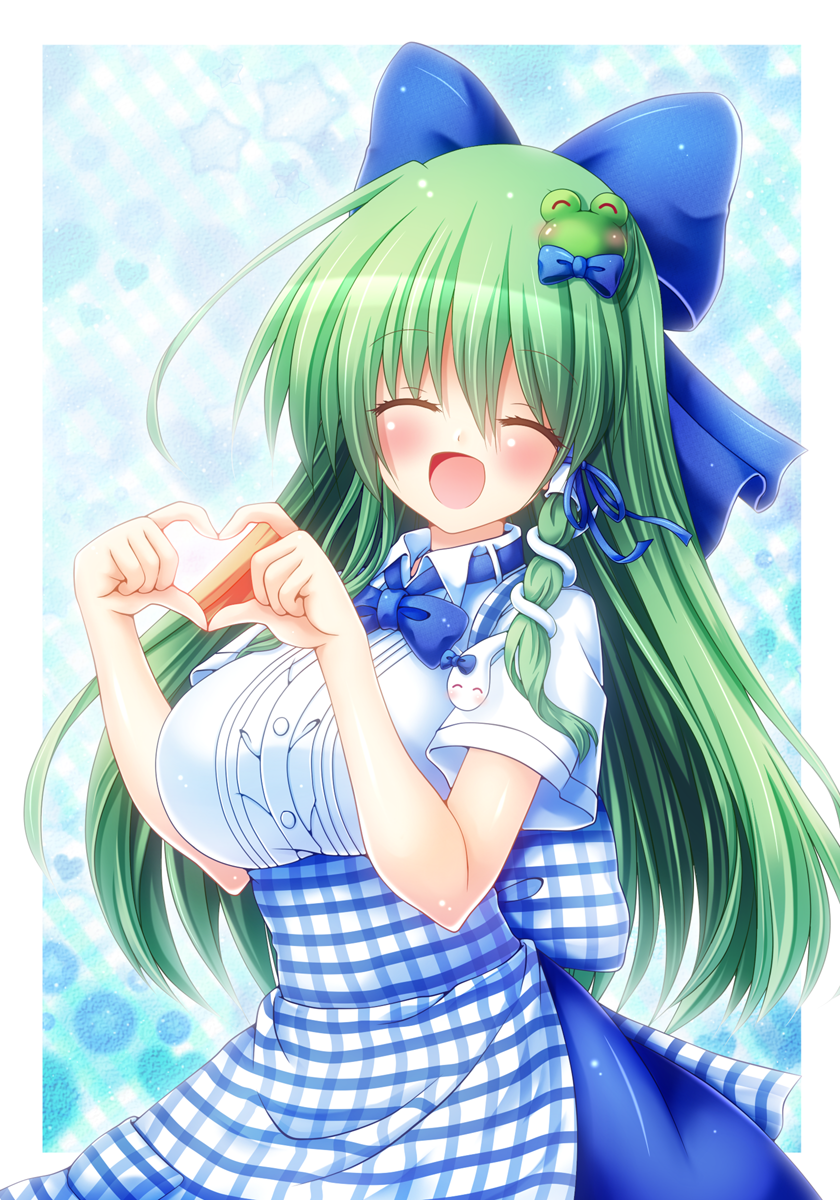 1girl apron blue_apron blue_background blue_bow blue_bowtie blue_skirt blush bow bowtie breasts checkered_clothes closed_eyes detached_sleeves employee_uniform four-finger_heart_hands frog_hair_ornament gingham gingham_apron gingham_skirt gradient_background green_hair hair_bow hair_ornament hair_tubes heart heart_hands high-waist_skirt highres kobeya kobeya_uniform kochiya_sanae large_breasts long_hair open_mouth osashin_(osada) plaid_apron plaid_clothes pleated_shirt shirt short_sleeves skirt smile snake_hair_ornament solo touhou waitress white_shirt