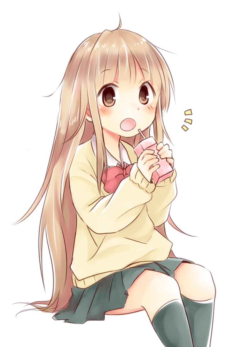 1girl :o ahoge black_skirt black_socks blush bow bowtie brown_eyes brown_hair chikuwa_savy collared_shirt commentary_request drinking_straw feet_out_of_frame highres holding holding_milk_carton invisible_chair kneehighs long_hair long_sleeves looking_at_viewer milk_carton miniskirt miyano_(tanakeda) notice_lines open_mouth pleated_skirt red_bow red_bowtie school_uniform shirt simple_background sitting skirt sleeves_past_wrists socks solo sweater tanaka-kun_wa_itsumo_kedaruge very_long_hair white_background yellow_sweater