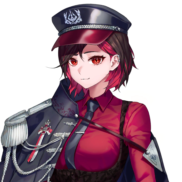 1girl :3 aiguillette black_necktie breasts brown_hair closed_mouth collared_shirt colored_inner_hair d-log ear_piercing epaulettes eyelashes female_focus game_cg hair_behind_ear hat high_collar jacket large_breasts last_origin looking_at_viewer medal merlin_(last_origin) military military_hat military_jacket military_uniform multicolored_hair necktie off-shoulder_jacket off_shoulder official_art peaked_cap piercing raised_eyebrow red_eyes red_hair red_shirt shirt short_hair single_epaulette slit_pupils smile tie_clip transparent_background two-tone_hair upper_body