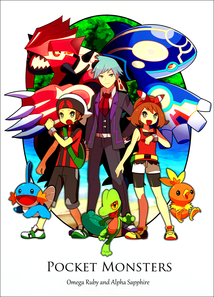 1girl 2boys ascot black_jacket black_shorts blue_hair brendan_(pokemon) brown_hair copyright_name creatures_(company) game_freak gen_3_pokemon groudon himari_g_(sr) jacket kyogre legendary_pokemon may_(pokemon) mudkip multiple_boys nintendo pokemon pokemon_(creature) pokemon_oras primal_groudon primal_kyogre red_ascot red_shirt shirt shorts starter_pokemon_trio steven_stone torchic treecko