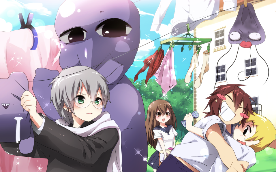 1girl 3boys ao_oni bad_id bad_pixiv_id black_eyes blockman_oni_(ao_oni) blonde_hair blue_sky blush_stickers brown_hair building character_name clothesline cloud crying day emia_(castilla) gakuran glasses green_eyes grin gym_uniform hair_between_eyes handkerchief hiroshi_(ao_oni) holding hug jellyfish laundry lens_flare long_hair long_sleeves mansion mika_(ao_oni) multiple_boys open_mouth orange_eyes outdoors outstretched_arms parted_lips profile red_hair scarf school_uniform serafuku short_sleeves silver_hair sky smile socks solid_oval_eyes streaming_tears sunlight sweatdrop takeshi_(ao_oni) takurou_(ao_oni) tareme tears the_oni_(ao_oni) tree triangle_mouth window