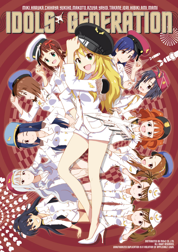 6+girls aircraft airplane amami_haruka bare_legs black_hair blonde_hair blue_hair brown_hair bulge1944 buttons cosplay double-breasted epaulettes futami_ami futami_mami ganaha_hibiki girls&#039;_generation hagiwara_yukiho hair_ribbon hairband hat hat_tip high_heels hoshii_miki idolmaster idolmaster_(classic) jet k-pop kikuchi_makoto kisaragi_chihaya legs long_hair military military_uniform minase_iori miura_azusa multiple_girls orange_hair ponytail ribbon salute shijou_takane shoes short_hair shorts siblings side_ponytail silver_hair sisters standing takatsuki_yayoi thighs third-party_edit twins twintails typo