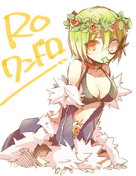 1girl black-framed_eyewear black_tank_top blue_cape blue_sleeves blush breasts cape cleavage clothing_cutout commentary_request detached_sleeves fur-trimmed_cape fur-trimmed_sleeves fur_trim green_hair head_wreath large_breasts looking_at_viewer monocle navel orange_eyes ragnarok_online short_hair simple_background solo stalker_(ragnarok_online) stomach_cutout tank_top uru_uzuki waist_cape white_background