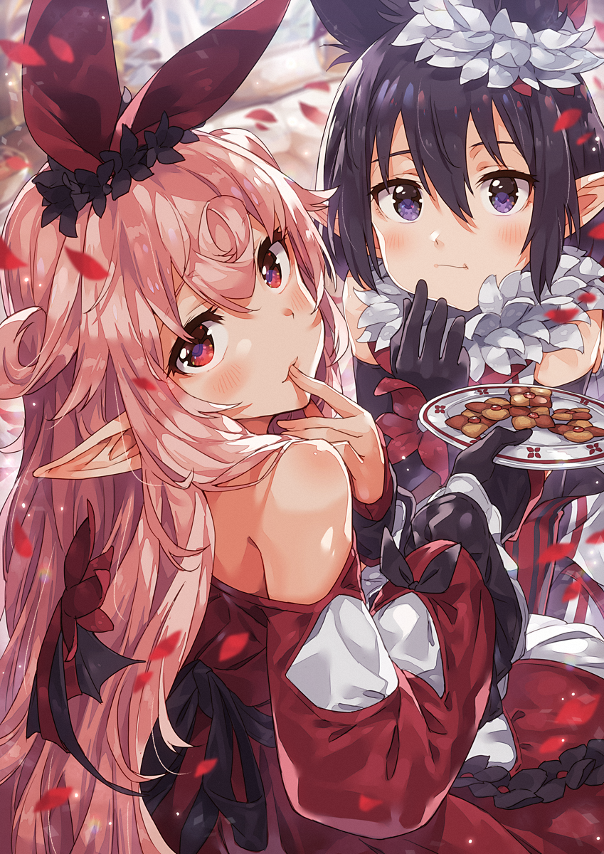 2girls animal_ears bare_shoulders blush closed_mouth commentary_request cookie dress eating food fur_trim hair_between_eyes highres holding long_hair long_sleeves looking_at_viewer looking_back mano_(narumi_arata) multiple_girls narumi_arata original pink_hair plate pointy_ears purple_eyes purple_hair recri_(narumi_arata) red_dress red_eyes sitting