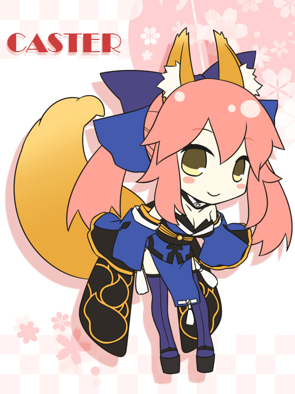 10s 1girl animal_ear_fluff animal_ears blue_thighhighs blush chibi dress fate/extra fate_(series) female_focus fox_ears fox_tail hair_between_eyes hair_ribbon japanese_clothes mayo-black pink_hair ribbon smile solo tail tamamo_no_mae_(fate) thighhighs twintails yellow_eyes