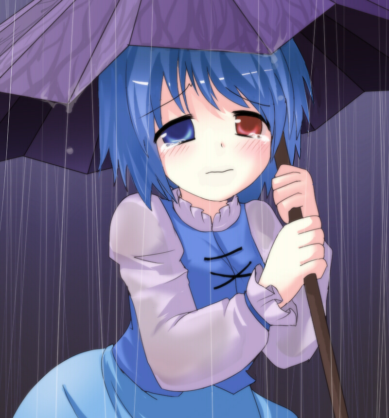 1girl blue_hair blush des_(namaasi) female_focus heterochromia lonely rain sad short_hair solo tatara_kogasa tears touhou umbrella wet wet_clothes