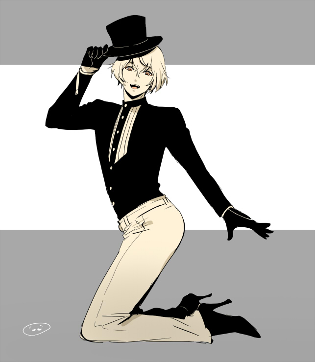 10s 1boy black_gloves blonde_hair full_body gloves hat higekiri_(touken_ranbu) high_heels kneeling male_focus mizuhara_aki muted_color open_mouth smile solo top_hat touken_ranbu yellow_eyes